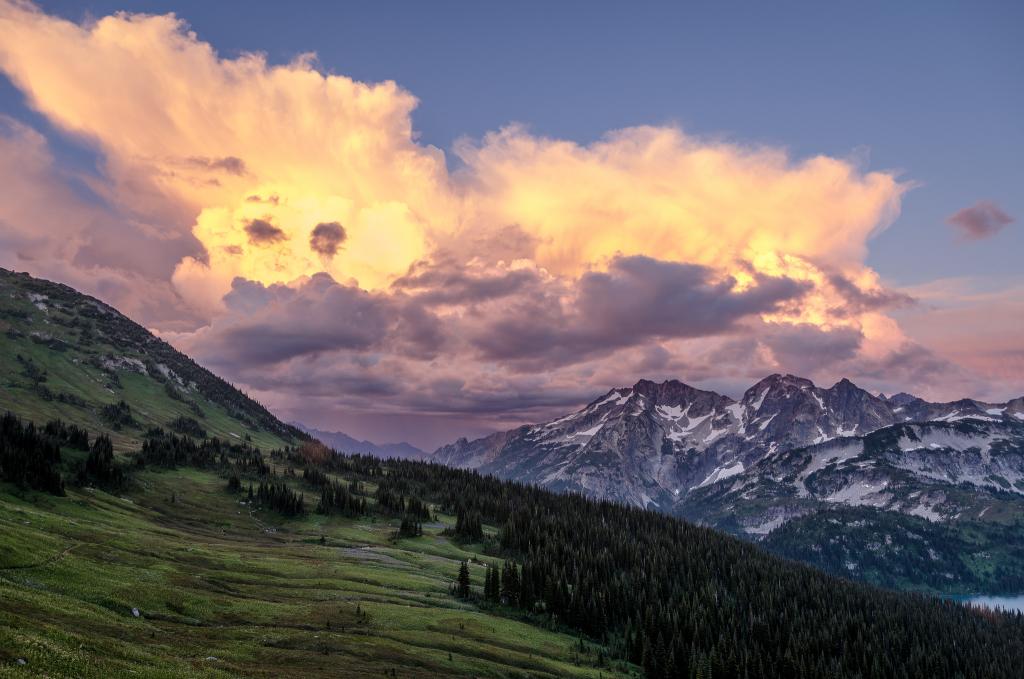 mountain scene with green lowlands, storm clouds, and snowcapped mountains illustrating volatile weather changes in high altitudes