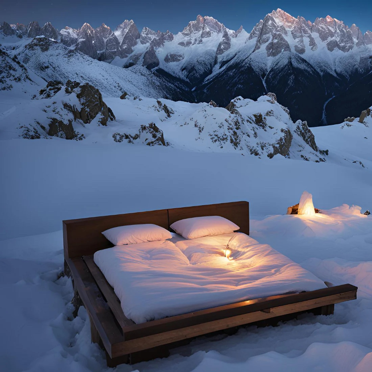 A luxury bed set in the snow with snowcapped mountains in the background, all to illlustrate sleep optimization in the mountains