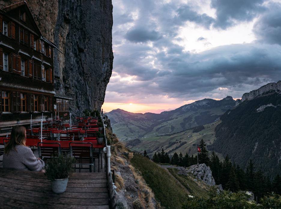 Al fresco sitting and dining area at Berggasthaus Aescher – Alpstein, Appenzell Innerrhoden, Switzerland