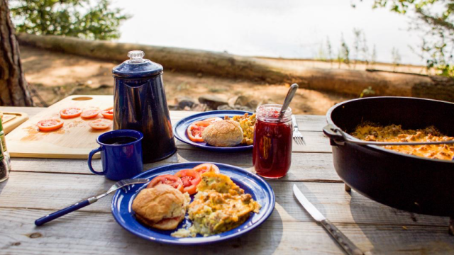 mountain breakfast made in cast-iron skillet served outdoors