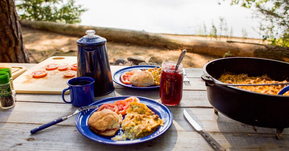 mountain breakfast made in cast-iron skillet served outdoors