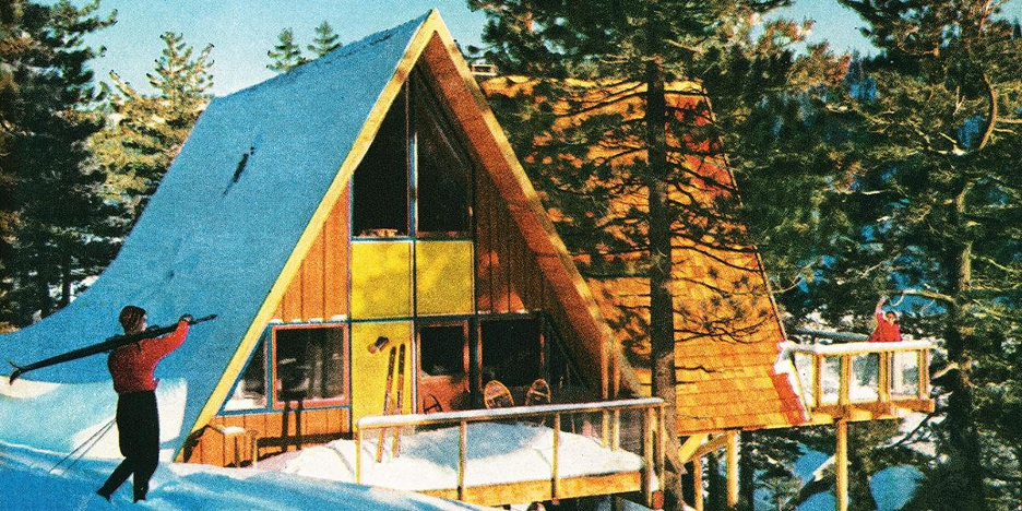 Vintage photo from the archives of Sunset Magazine depicting the quintessential A-Frame mountain retreat